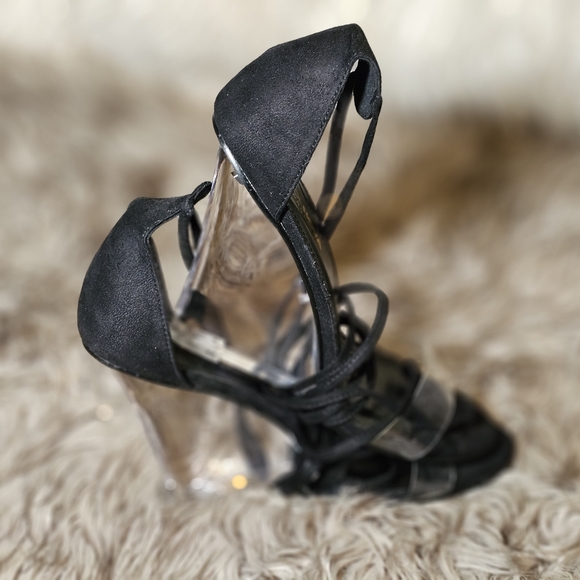 Black Suede High Heel Clear Wedge Shoe - Picture 3 of 3